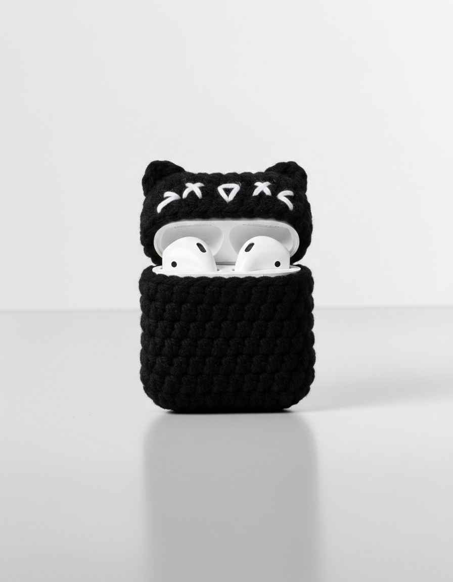 Cat Design Crochet Earbud Case