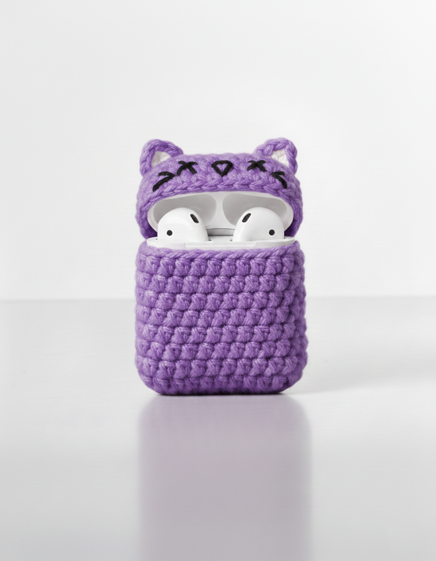 Cat Design Crochet Earbud Case