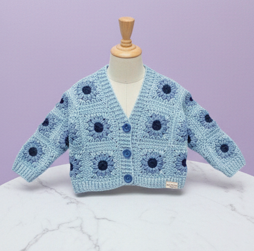 V-Neck Button-Front Crochet Cardigan Sweater With Yellow Flowers