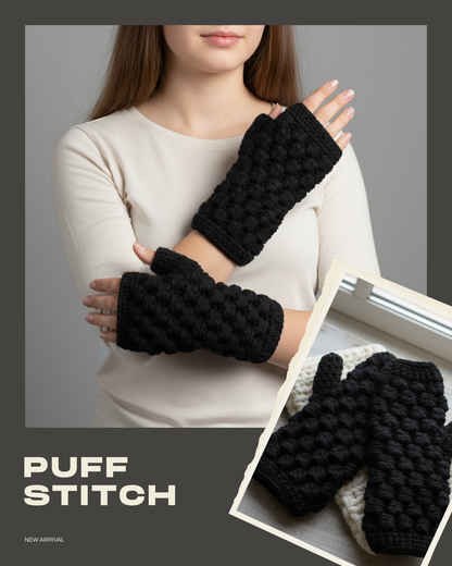 Puff Stitch Fingerless Crochet Mittens