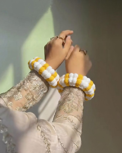 Yellow and White Color Crochet Gajras | Two Color Crochet Gajras