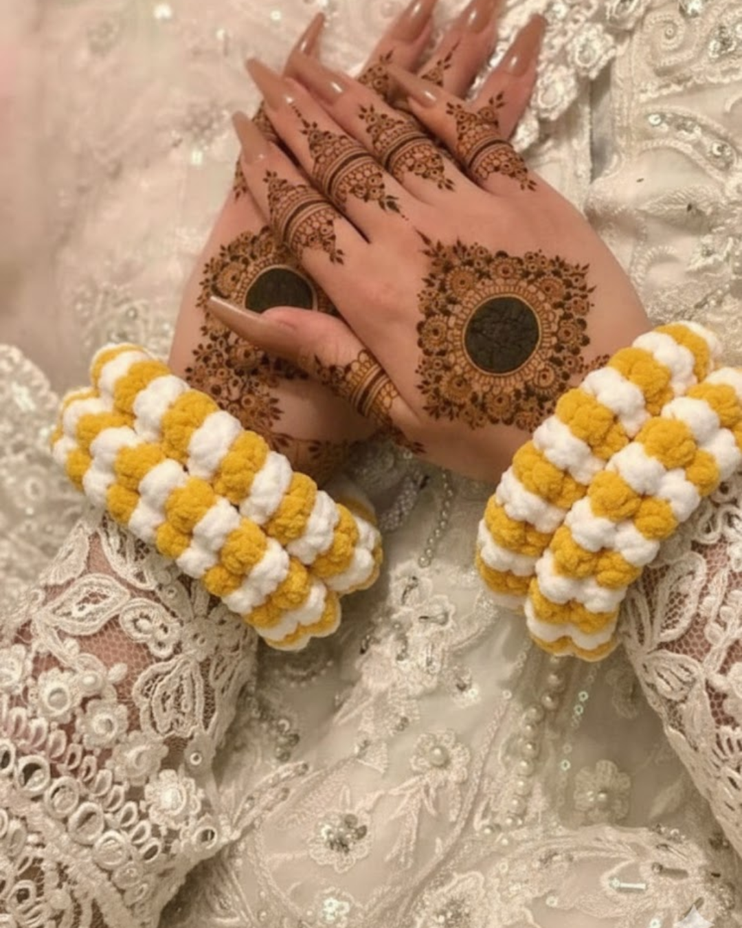 Yellow and White Color Crochet Gajras | Two Color Crochet Gajras