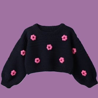 Cropped Crew-Neck Sweater With Blue Flower