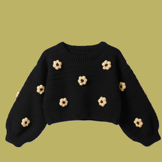Cropped Crew-Neck Sweater With Blue Flower