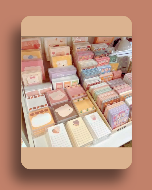 kawaii bear stationery, cute bear notebook, sticky notes cute design, kawaii note sheets, aesthetic stationery Pakistan, bear-themed school supplies, journaling accessories, kawaii desk stationery