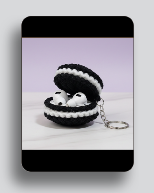 Oreo crochet earbud case, Oreo earbud pouch with keychain, 2 in 1 crochet earbud holder, handmade crochet earbud case, cute crochet earbud case, aesthetic crochet earphone case, Oreo style earbud pouch, crochet airpod case with keychain, crochet gadget case pakistan, cute crochet accessories pakistan, handmade earphone pouch, portable crochet earbud case, keychain crochet earbud holder, unique crochet earbud case, giftable crochet earbud case