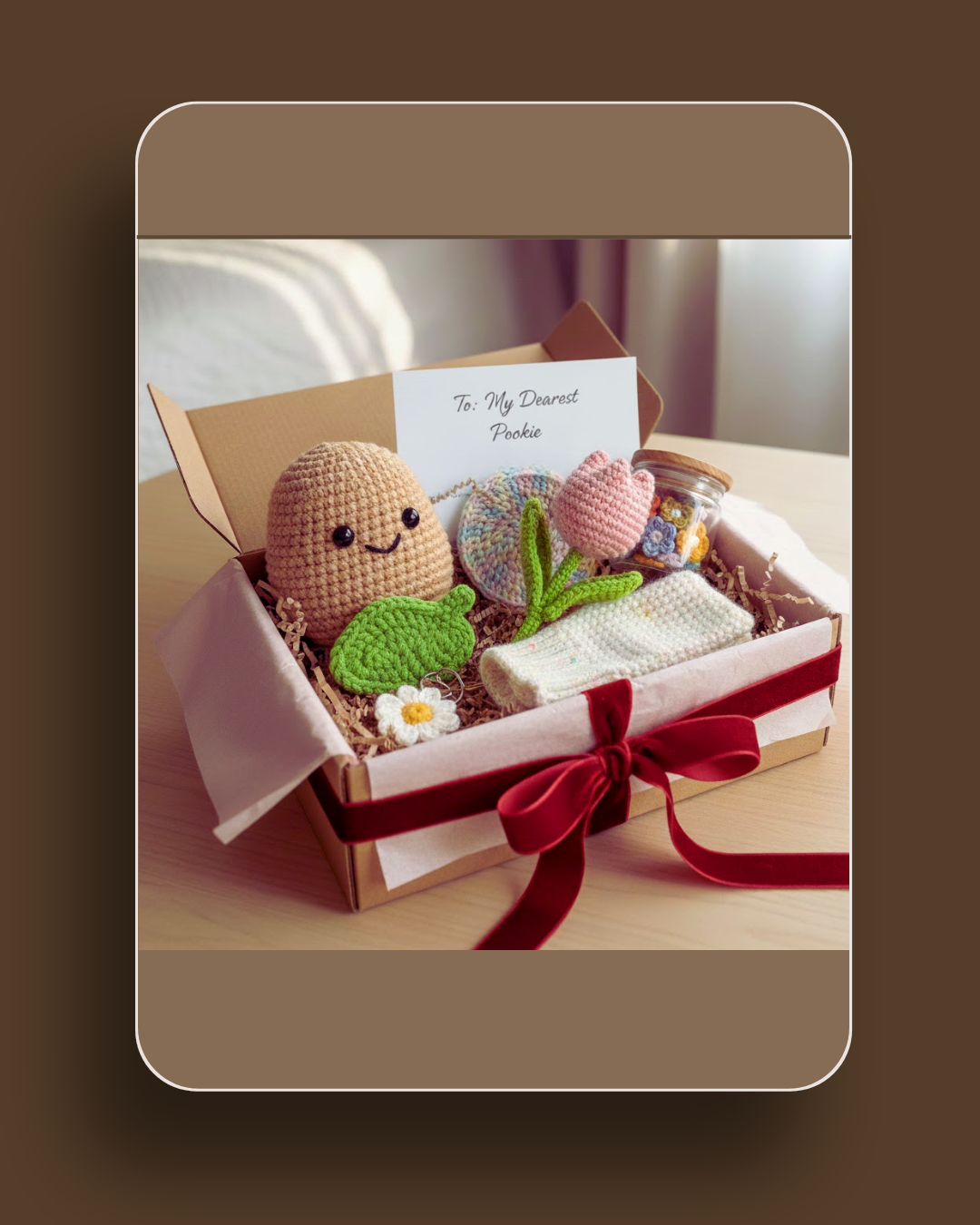 pookie gift box, crochet gift set pakistan, handmade gift box for loved ones, crochet positive potato, crochet flower gift, crochet coaster, crochet charms, crochet mittens, aesthetic gift box, gift bundle for friends, gift bundle for loved ones, cute crochet gift set, handmade gift set pakistan, cozy gift box, playful crochet accessories, thoughtful crochet gift