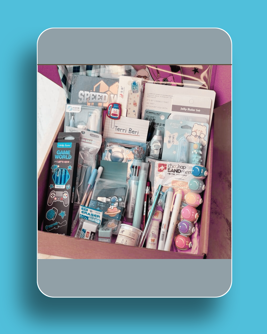 premium stationery gift box for boys, stationery gift set pakistan, boys stationery set, kawaii stationery set, journal and pen set, erasers and stickers gift, highlighter and ink pad set, school stationery gift, gift box for students pakistan, aesthetic stationery box, handmade stationery gift, playful stationery set, boys desk accessory set, gift for school boys, complete stationery gift set pakistan