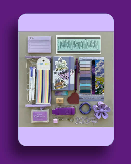 purple kawaii stationery set, purple stationery gift box, kawaii gift set pakistan, purple journal gift, cute pen and sticker set, purple bookmarks, purple keychain, ink pad stationery set, highlighter gift set, aesthetic stationery box, gift for stationery lovers, gift for students pakistan, handmade stationery gift, purple desk accessories, coordinated stationery set