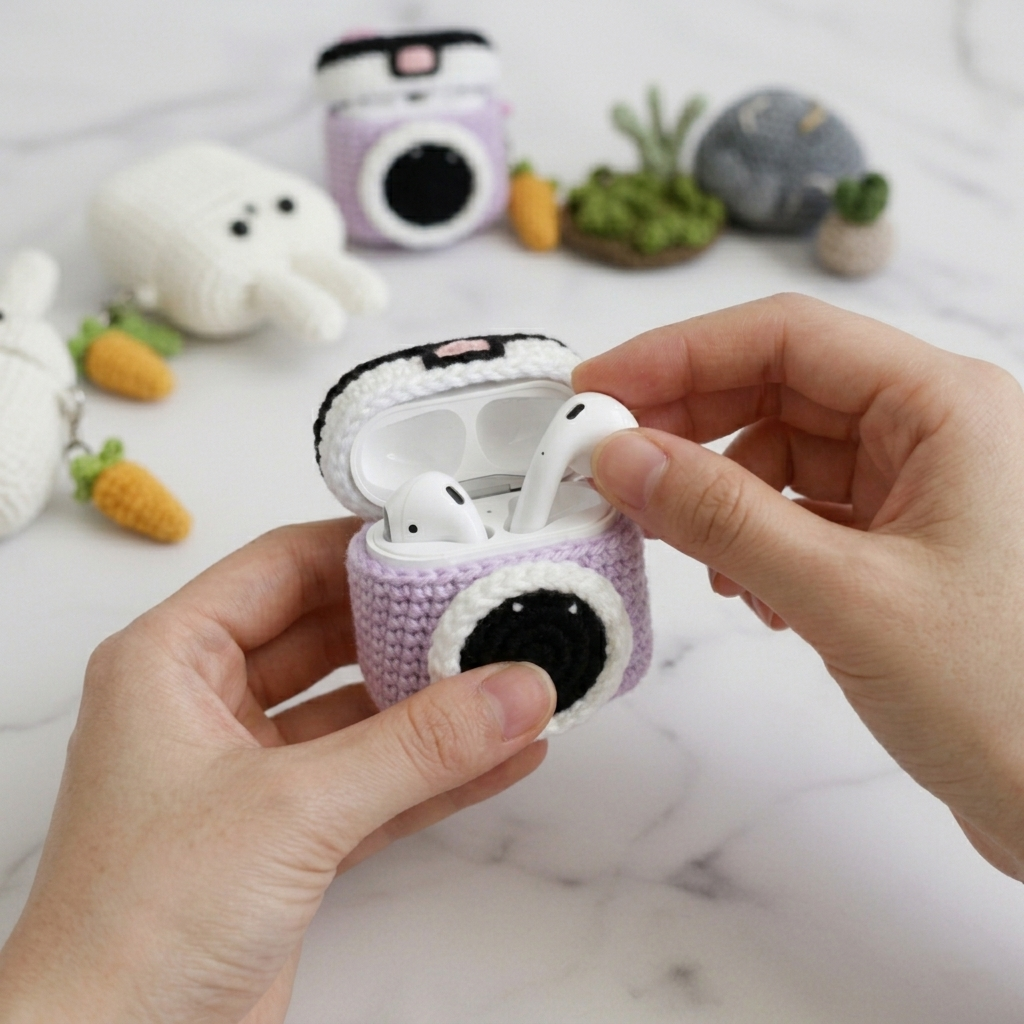 Camera Design Crochet Earbud Case