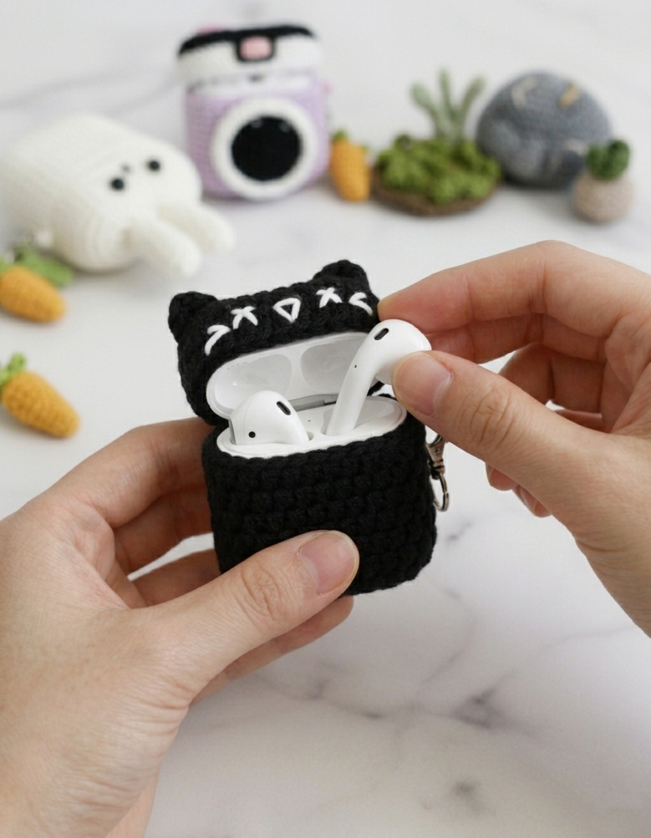 Cat Design Crochet Earbud Case