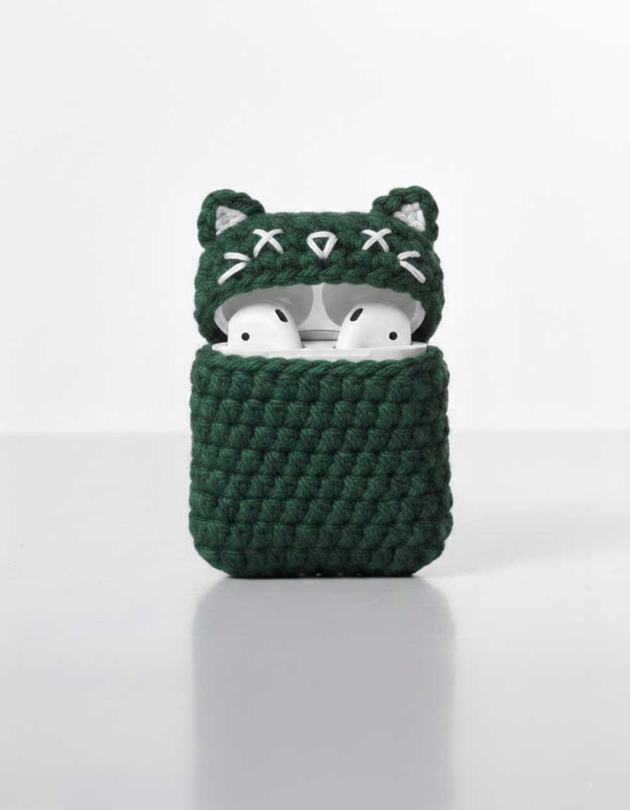 Cat Design Crochet Earbud Case