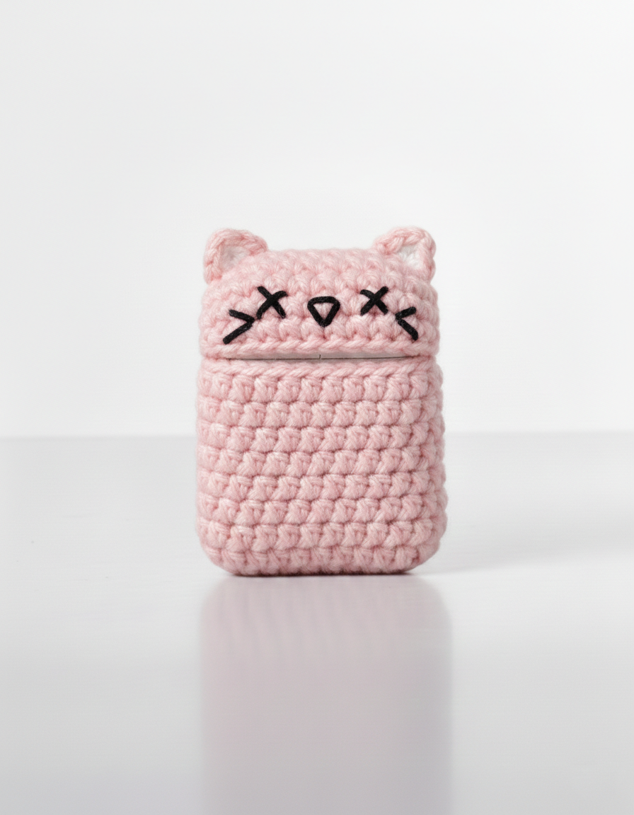 Cat Design Crochet Earbud Case