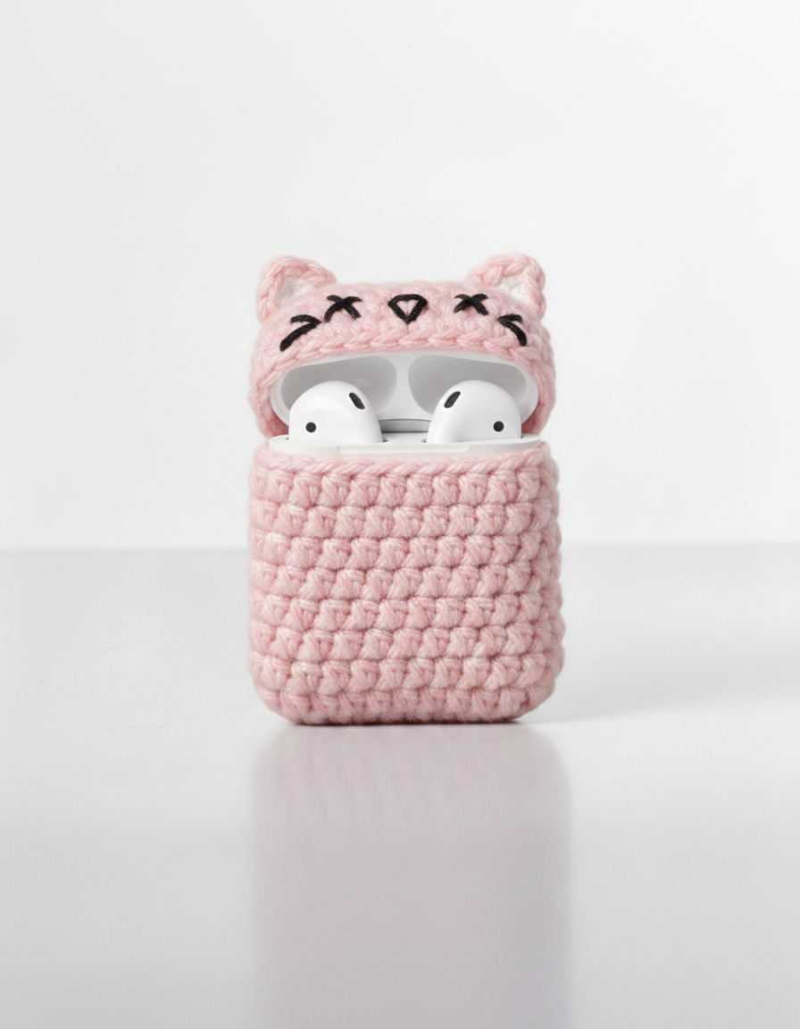 Cat Design Crochet Earbud Case