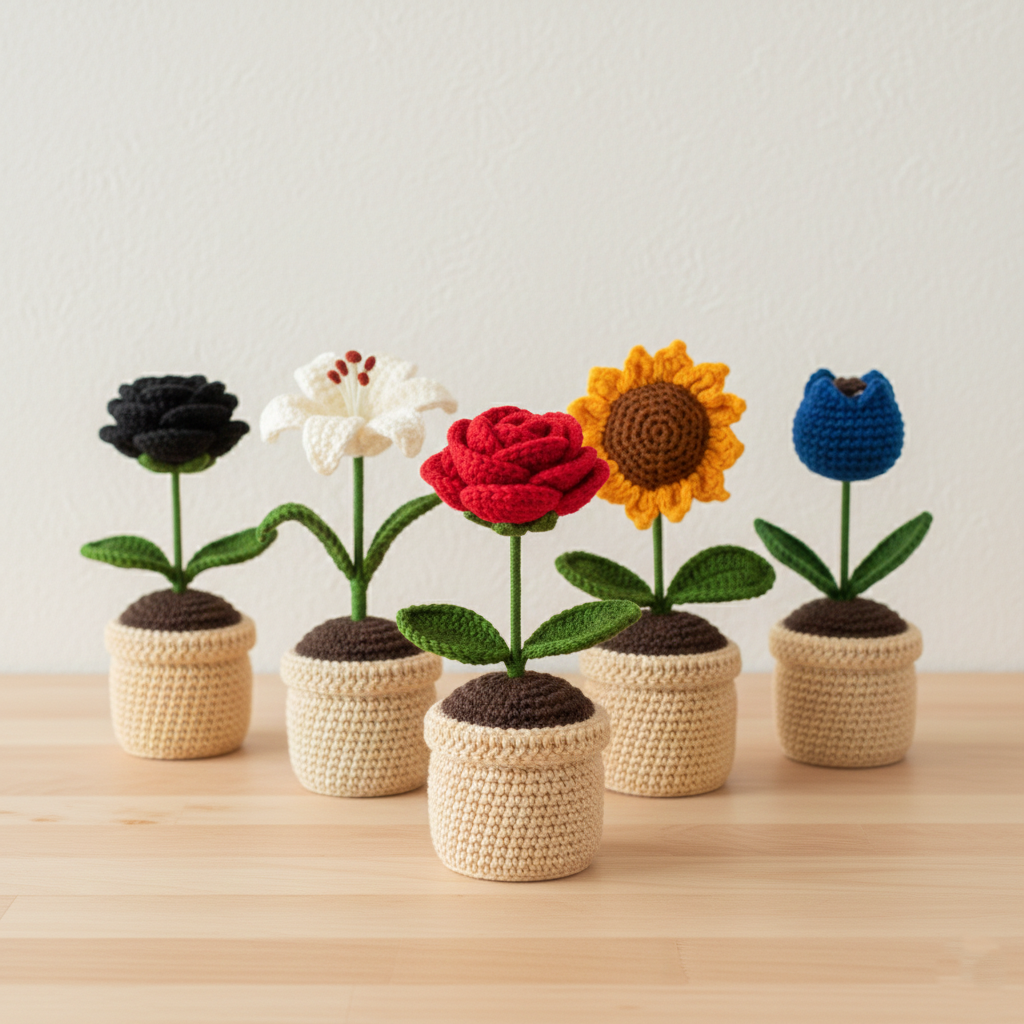 Crochet Flower Vases | Sunflower, Black rose, Lily, Red Rose, Tulip flower vases