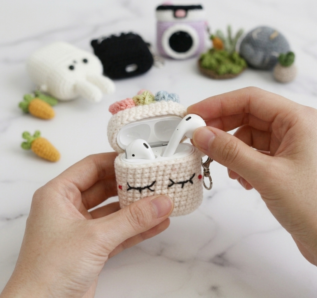 Girly Pop Design Crochet Earbud Case